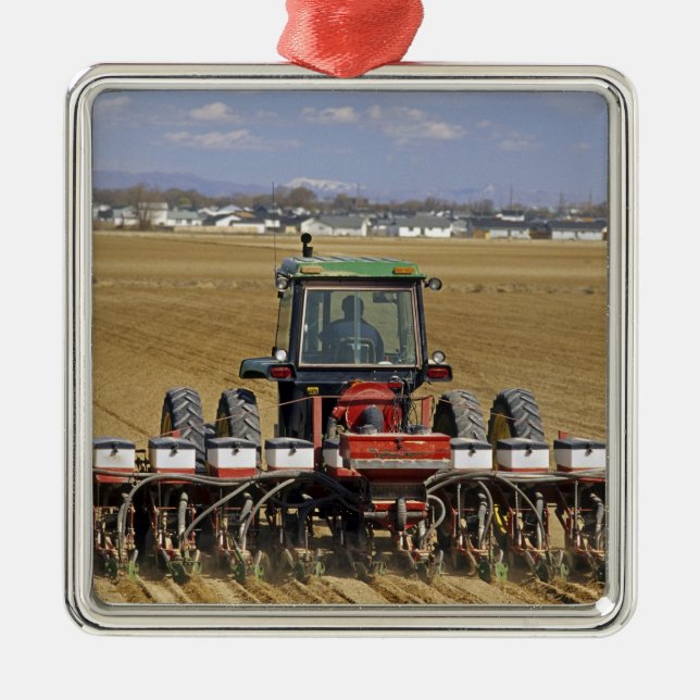 Tractor pulling a seed corn planter. metal tree decoration (Front)