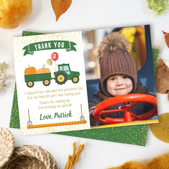Tractor Pumpkin Fall Birthday Photo Thank You Card (Creator Uploaded)