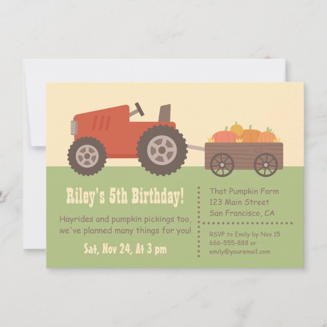 Tractor Pumpkin Kids Birthday Party Invitations (Front)