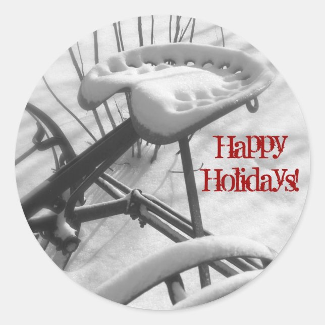 Tractor Seat in Snow: Happy Holidays Envelope Seal (Front)