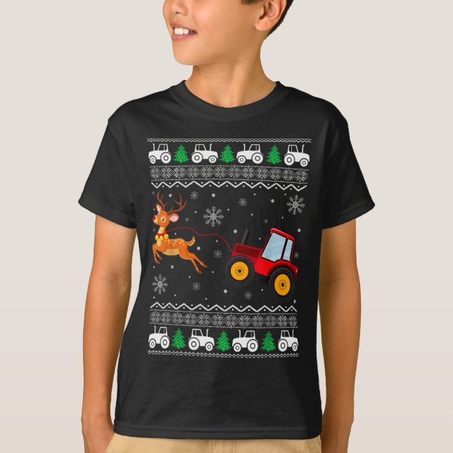 Tractor Ugly Christmas Tree Holiday Funny Xmas Boy T-Shirt (Front)