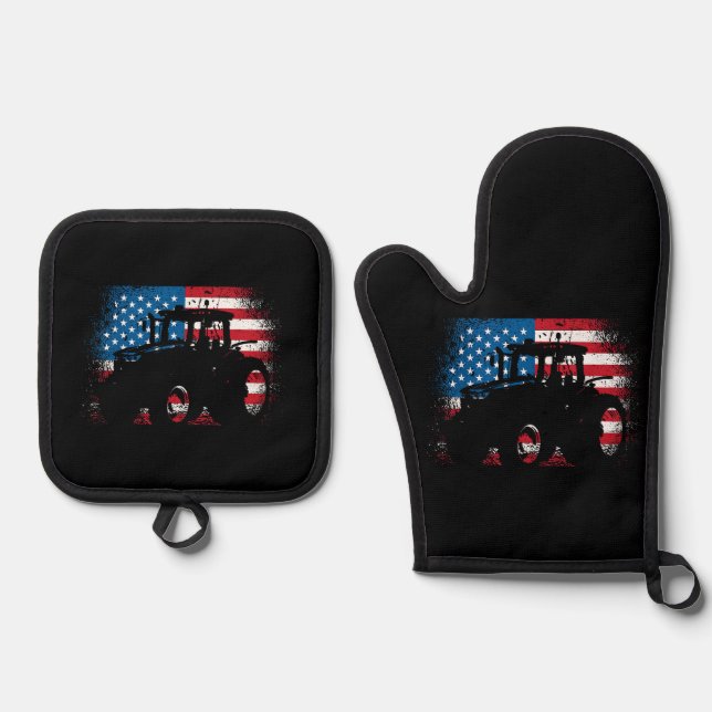 Tractor USA Flag Design for Patriotic Farmer Oven Mitt & Pot Holder Set (Front)