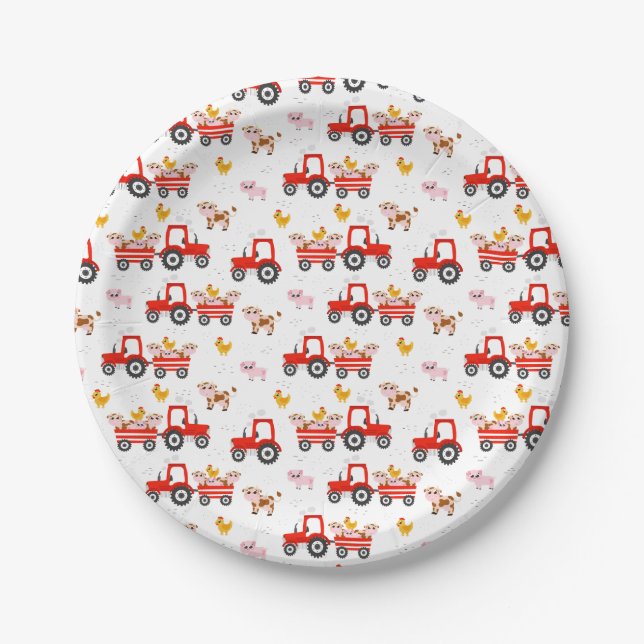 Tractor With Farm Animals Paper Plate (Front)