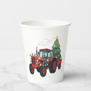 Tractor with Trailer Santa Farm Farmer Christmas Paper Cups