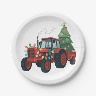 Tractor with Trailer Santa Farm Farmer Christmas Paper Plate