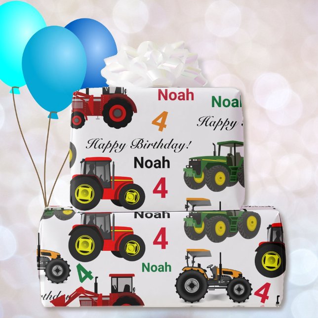 Tractors Loader Add Boy's Name Age Birthday Wrapping Paper (Creator Uploaded)