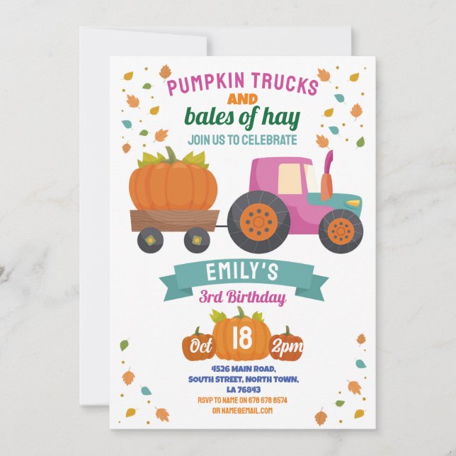 Tractors Pumpkin Birthday Harvest Party Girls  Invitation (Front)