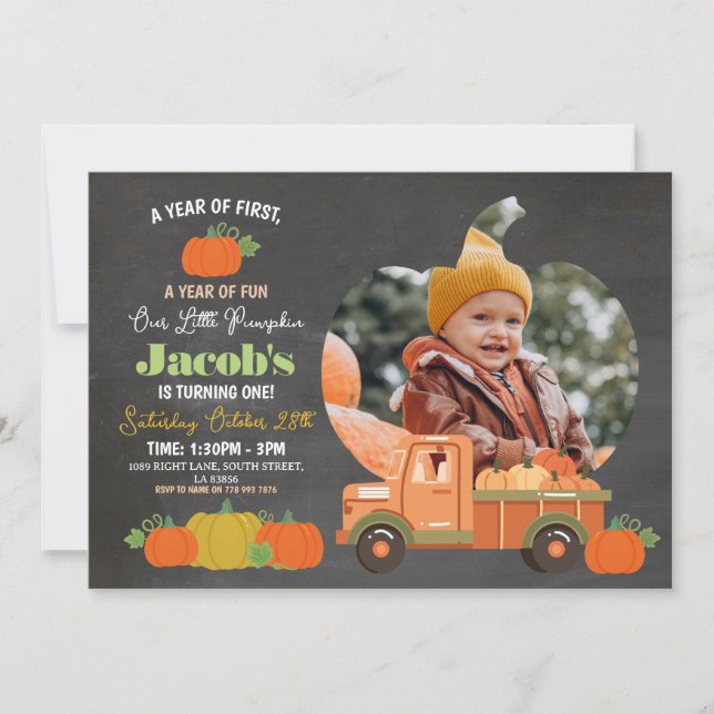 Tractors Pumpkins Birthday 1st Photos Boys Chalk Invitation (Front)