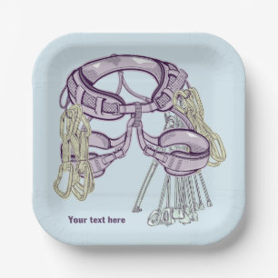 Trad climbing harness and equipment paper plate
