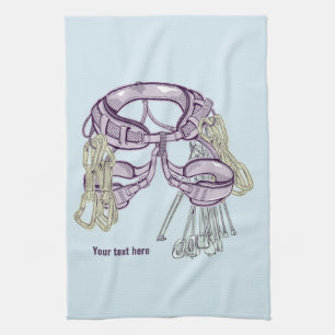Trad climbing harness and equipment tea towel