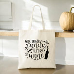 Trade Candy for Wine Funny Halloween Tote Bag<br><div class="desc">Celebrate Halloween with a humourous twist using our "Trade Candy for Wine" Funny Halloween Tote Bag! This playful tote features a cheeky graphic and fun phrase in stylish typography, perfect for those who prefer a grown-up treat. Made from durable, high-quality materials, it provides plenty of space for your essentials, whether...</div>
