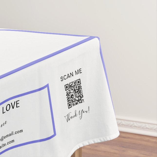 Trade Show White Purple 52 x 70 QR Code Stripes Tablecloth (In Situ)