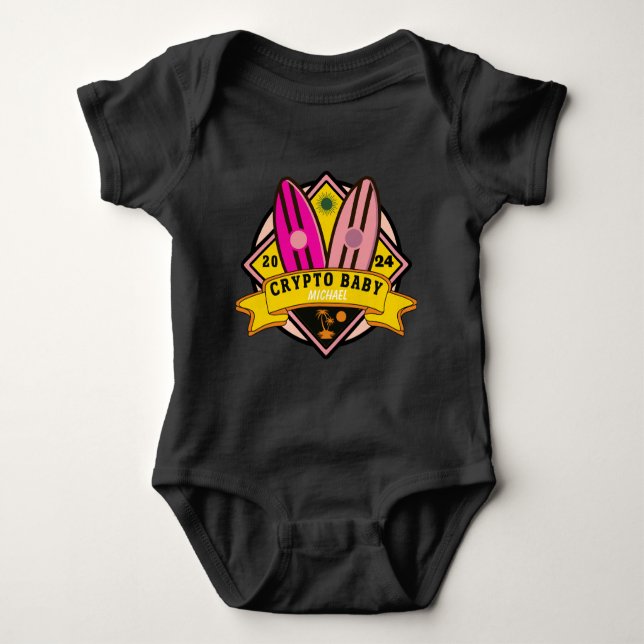 trader baby with name surf boards beach bodysuit (Front)