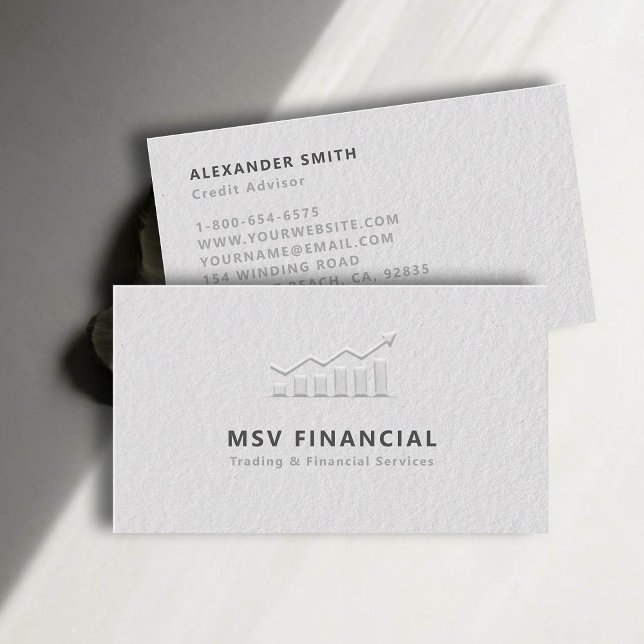 Trader Dealer Faux Embossed Modern Professional Business Card (dealer trader financial finance business card faux embossed black white professional sleek minimal)