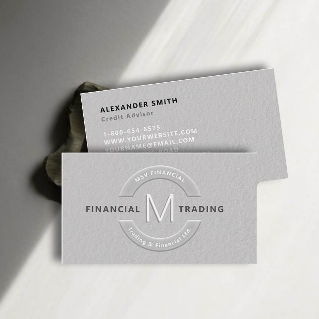 Trader Dealer Faux Embossed Monogram Professional Business Card (dealer trader financial finance business card faux embossed black white professional sleek monogram)