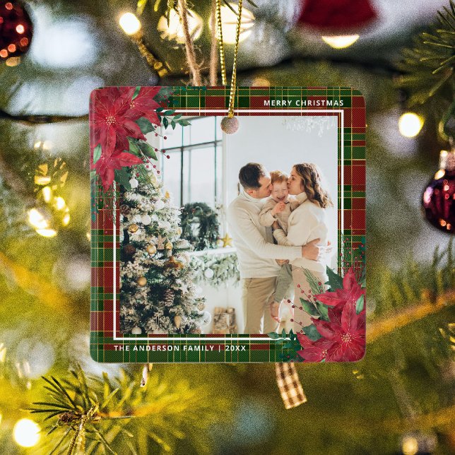 Tradiational Plaid & Poinsettia Christmas Photo  Ceramic Ornament (Creator Uploaded)