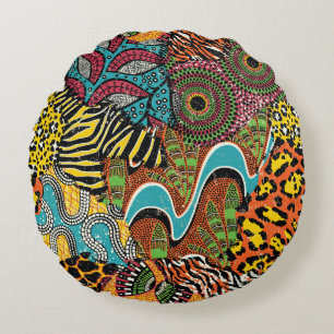 Traditional african fabric and wild animal skins p round cushion
