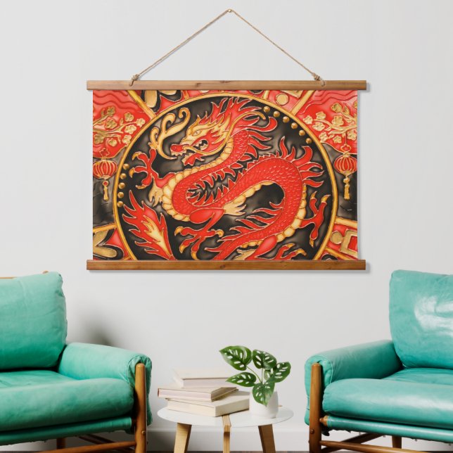 Traditional Ancient Chinese Dragon Red Gold Golden Hanging Tapestry (Living Room)