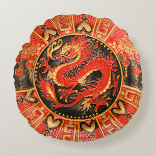 Traditional Ancient Chinese Dragon Red Gold Golden Round Cushion