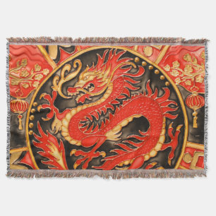 Traditional Ancient Chinese Dragon Red Gold Golden Throw Blanket