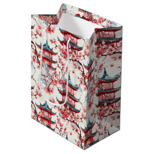 Traditional Asian Architecture with Botanicals Medium Gift Bag