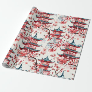 Traditional Asian Architecture with Botanicals Wrapping Paper