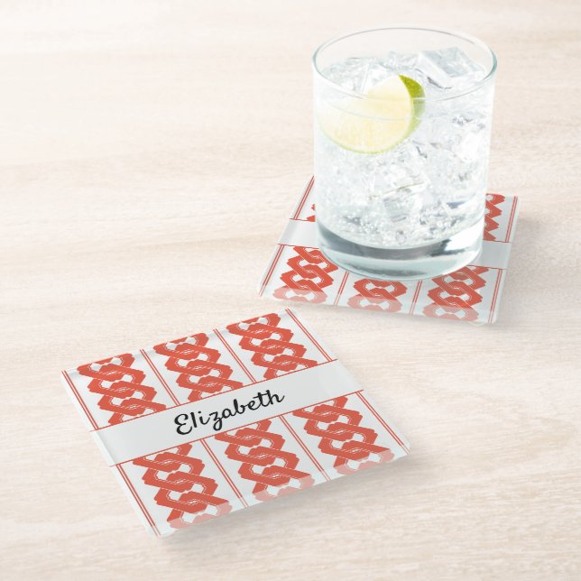 Traditional Asian Chain Pattern with Name Glass Coaster (Angled)