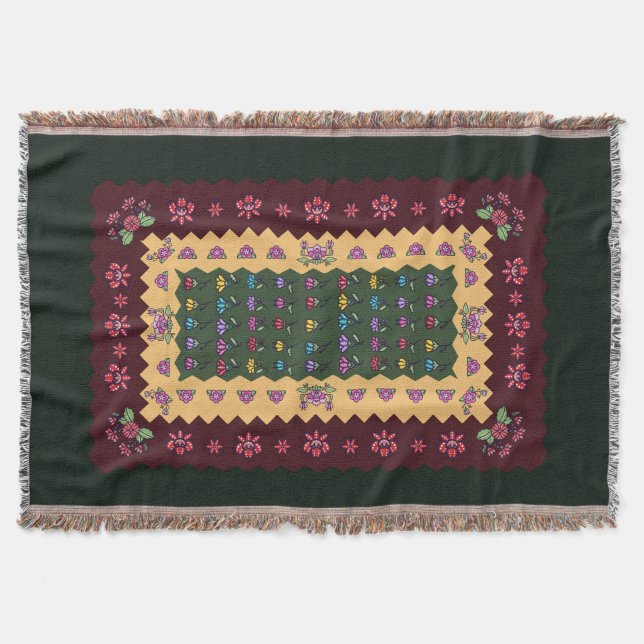 Traditional Balkan Floral Rug Throw Blanket (Front)