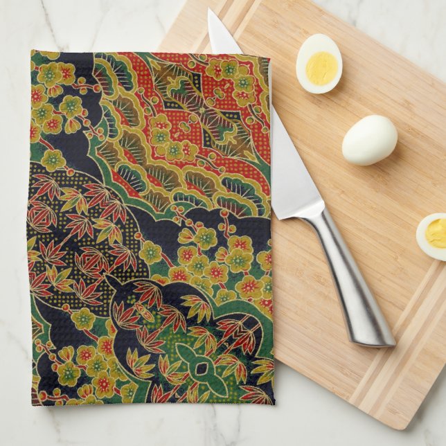 Traditional Bamboo Leaf Japanese Plum Flower  Tea Towel (Quarter Fold)