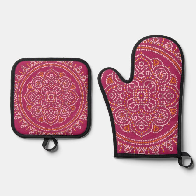 Traditional Bandhani Mandala Oven Mitt & Pot Holder Set (Front)