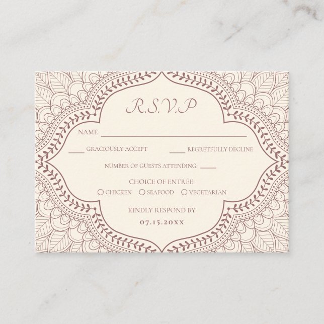 Traditional Beige Mehndi Indian Hindu Wedding RSVP Enclosure Card (Front)