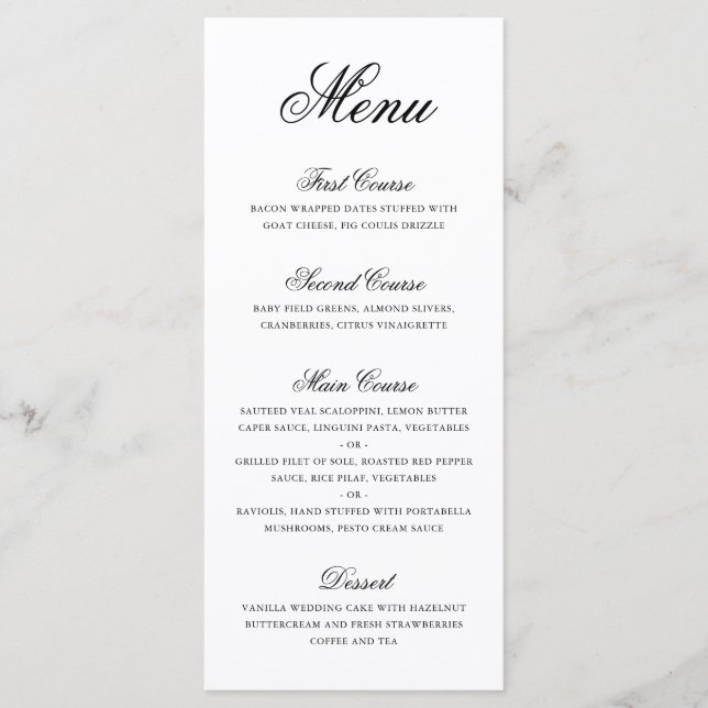 Traditional Black and White Formal Elegant Wedding Menu (Front)