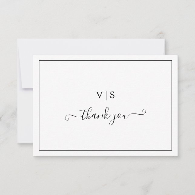 Traditional Black and White Monogram Wedding Thank You Card (Front)