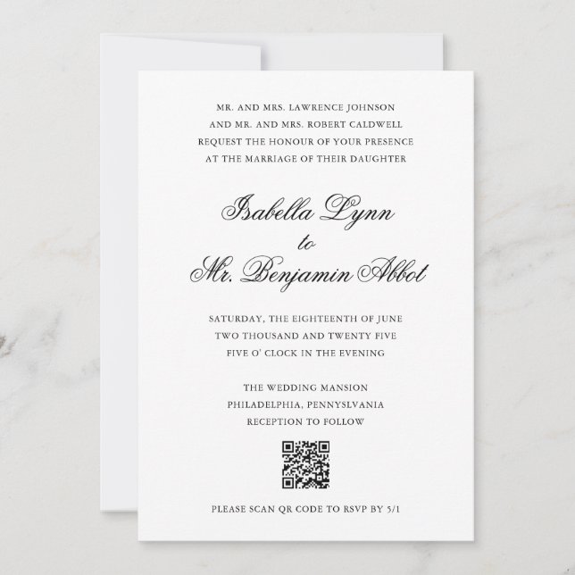 Traditional Black and White QR Code Wedding Invitation (Front)