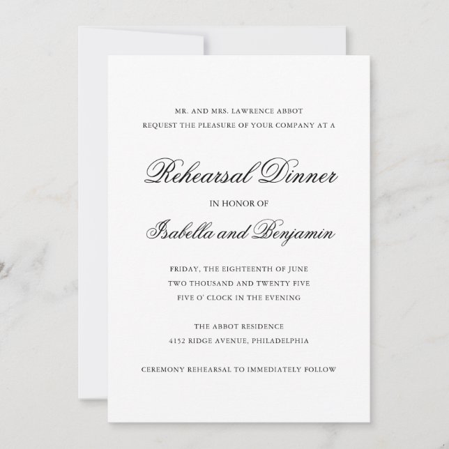 Traditional Black and White Rehearsal Dinner Invitation (Front)