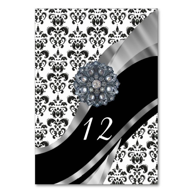 Traditional black and white wedding damask table number (Front)