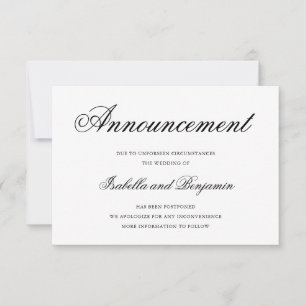 Traditional Black and White Wedding Postponement Invitation