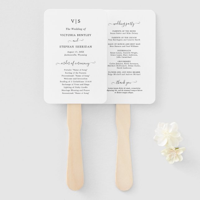 Traditional Black and White Wedding Program Hand Fan (Front and Back)