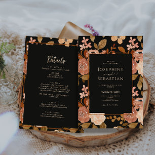 Traditional Black Floral All In one Boho Wedding Invitation