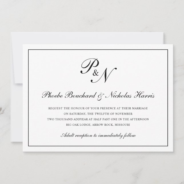 Traditional Black White Monogram Formal Wedding Invitation (Front)