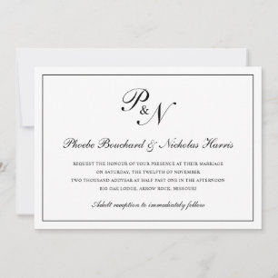 Traditional Black White Monogram Formal Wedding Invitation