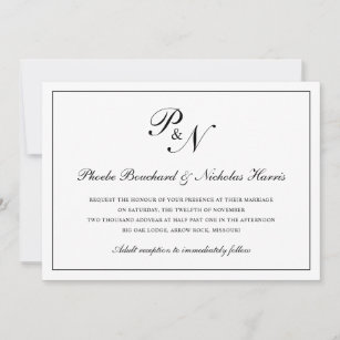 Traditional Black White Monogram Formal Wedding Invitation