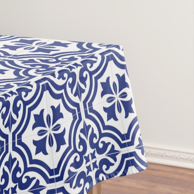 Traditional Blue and White Spanish Azulejo Tablecloth (In Situ)