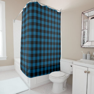 Traditional Blue Black Buffalo Check Plaid Pattern Shower Curtain