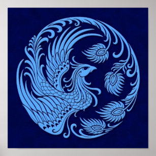 Traditional Blue Phoenix Circle Poster