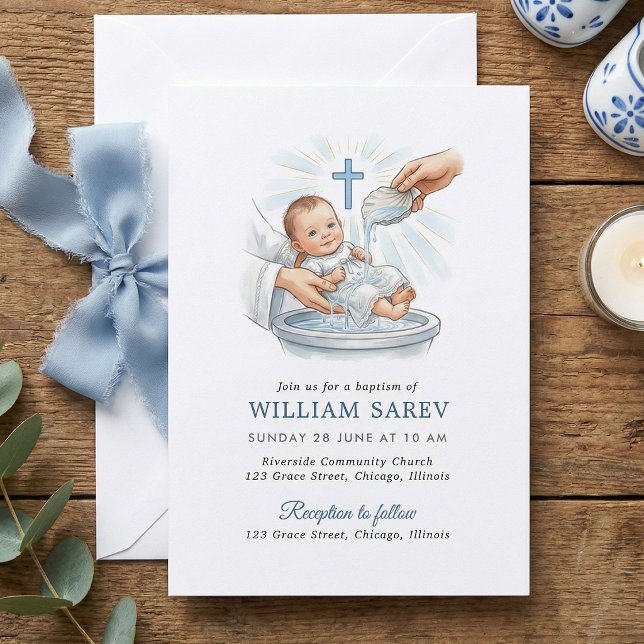 Traditional Blue Shell & Cross Baby Boy Baptism Invitation (Creator Uploaded)