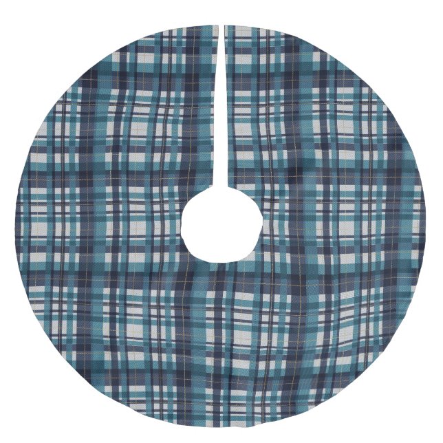 Traditional blue teal gold white madras plaid brushed polyester tree skirt (Front)