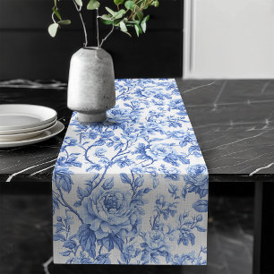 Traditional Blue Toile Roses Floral Table Runner
