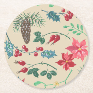 Traditional Botanical Christmas (beige) Round Paper Coaster