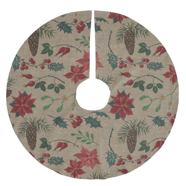 Traditional Botanical Christmas Brushed Polyester Tree Skirt (Front)